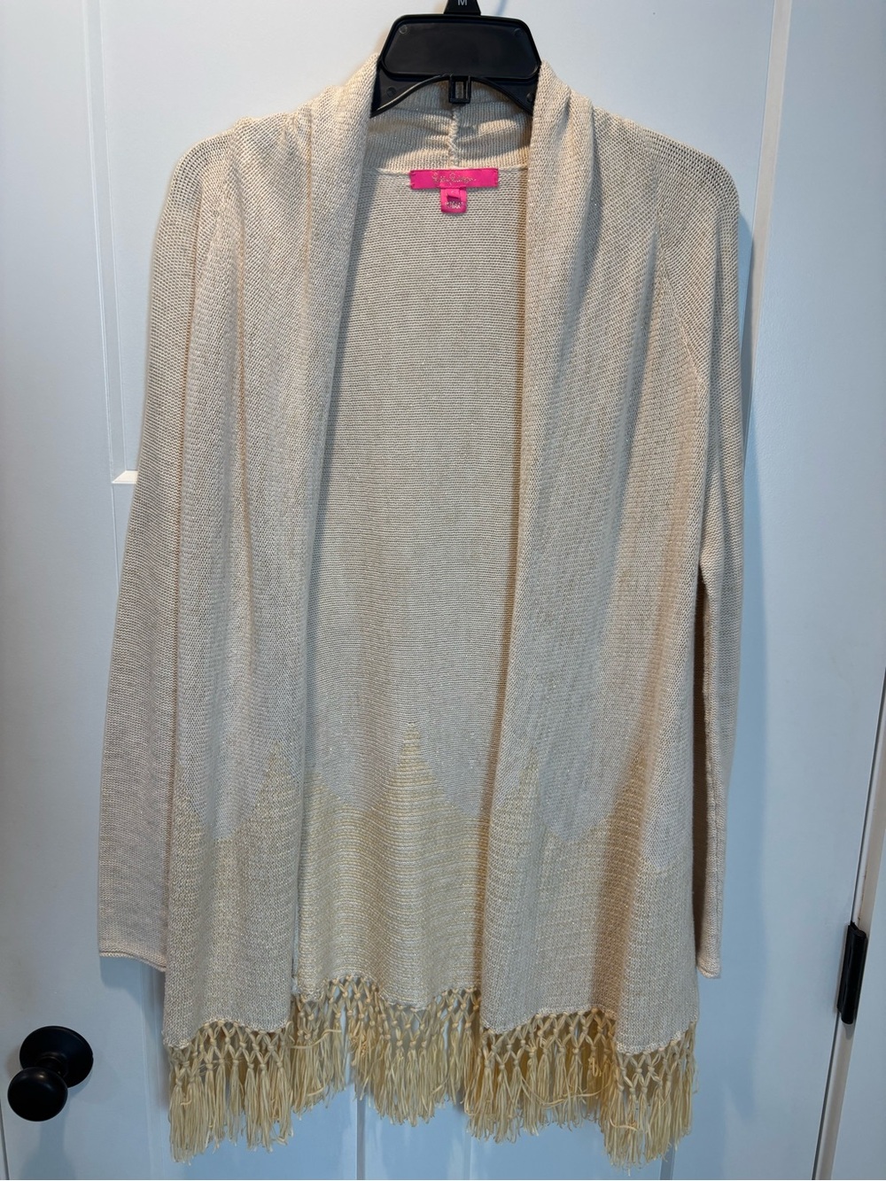 Women’s Open-Front Cream and Gold Fringe Cardigan Sweater